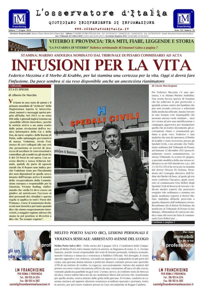L'osservatore d'Italia edizione del 7 Giugno 2014